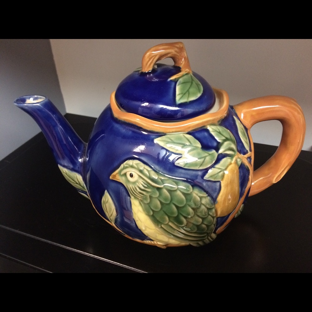 Majolica partridge in pear tree teapot